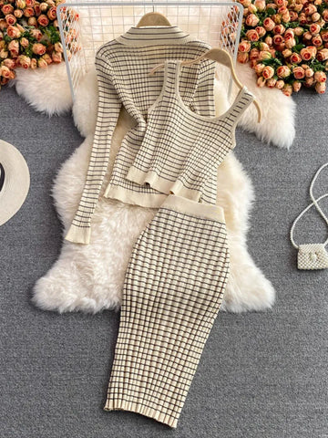 Getadme-Autumn Korean Fashion Chic Knitted 3pcs Sets Long Sleeve Cardigan Sweater + Camisole + Skirts Sets Casual Tops Vest Skirt Suits